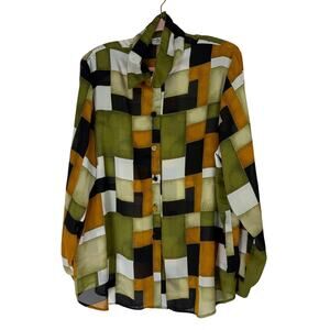 Vtg Melissa Robyn Color Block Semi Sheer Long Sleeve Collar Blouse Top Size L